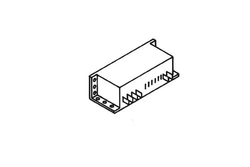 Zeichnung eines Automatikrelais mit Kabelsatz, hergestellt von Roth, in rechteckiger Form mit Anschlussleisten auf einer Seite und Kühlrippen auf der anderen Seite.